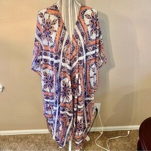Beautiful Kimono XL/XXL Xhilaration White Semi-Sheer Blue Coral Grey Floral